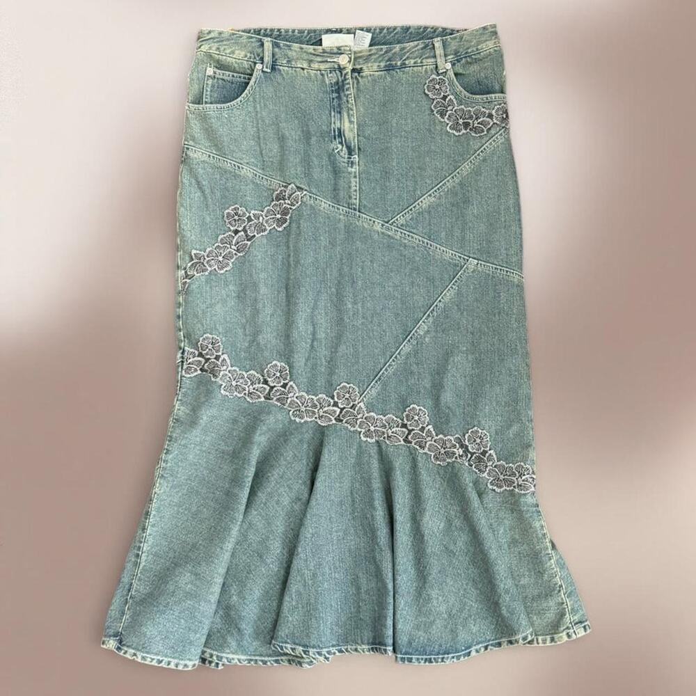 Vintage y2k blue denim grunge ruffle maxi skirt grail floral lace embroidery